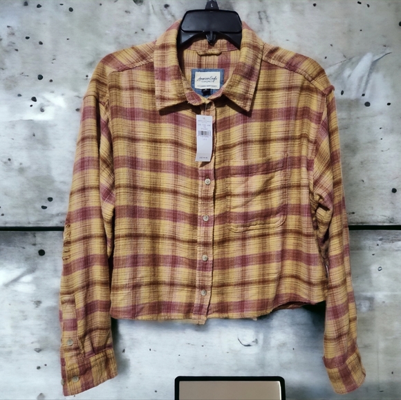 New! AE distressed  Oversized Plaid shirt flannel  Small - Picture 1 of 11